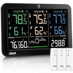 OBET 웨더 스테이션 무선 실내 온도계 무선, 3개의 센서, 경고, 조절 가능한 백라이트, USB 포트(500피트)를 갖춘 컬러 디스플레이 디지털 온도 및 습도 모니터