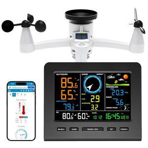 Urageuxy WiFi 기상 관측소 무선 실내외, 가정용 관측소(레인 게이지 포함), 풍속/방향, 실내/외 온도계/습도, 문 문구, 알람 시계, 기압계