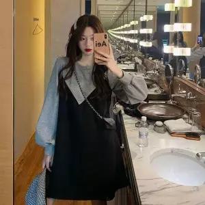 여성 원피스 미니 긴팔 배색 라운드넥 봄 가을 홈웨어 데일리룩