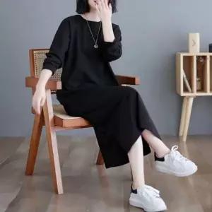 여성 원피스 긴팔 일자핏 면스판 롱 미디 홈웨어 파자마
