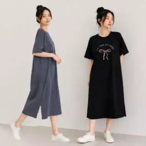 홈웨어 원피스 여성 여름 반팔 오버핏 리본 그래픽 롱 파자마