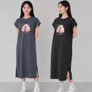 롱 원피스 홈웨어 여성 체형커버 캐주얼 프린팅 트임