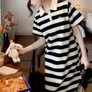 원피스 스트라이프 루즈핏 카라 반팔 캐주얼 홈웨어