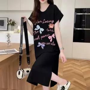 홈웨어 원피스 반팔 리본 프린팅 면 캐주얼 트임