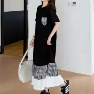 롱 원피스 체크 라운드넥 여성 홈웨어 데일리룩