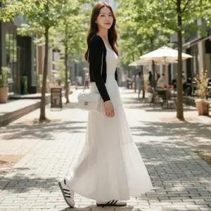 롱스커트 밴딩 캉캉 스커트 여성 여행 외출룩 이지룩