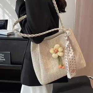 폭신한꽃 스카프장식 꼬임 미우 왕골 여성 토트백