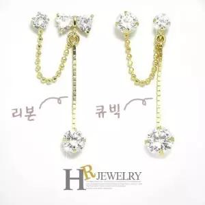 [호림쥬얼리]14K정품)한쪽(HR)14K 리본 큐빅 투핀 귀걸이(1pcs)