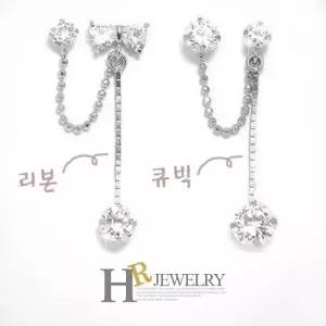 [호림쥬얼리]14K정품)한쪽(HR)14K 화이트 리본 큐빅 투핀 귀걸이(1pcs)