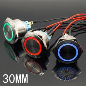 30mm 6V 12V 24V 220V 블루 링 Led 빛 순간/잠금 푸시 버튼 스위치 DPST 금속 산업 보트 자동차 DIY
