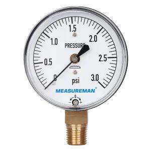 MEASUMEMAN 다이어프램 타입 캡슐 저압 게이지 3psi 2-1/2인치 다이얼 1/4인치 NPT 하부 마운트 조절 가능
