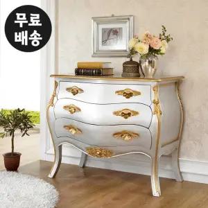 안방 엔틱 서랍장 원목 와이드 거실 3단 서랍 실버