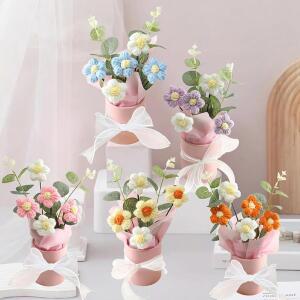 크로셰꽃다발 2개 수제 크로셰 뜨개질 꽃다발 어머니의 발렌타인데이 생일 결혼식 장식