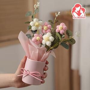 크로셰꽃다발 손뜨개 5개 패브릭 포장지 리본이 포함된 핑크색 꽃병에 담긴 수제 꽃다발 어머니의 발렌타인데이