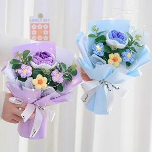 크로셰꽃다발 면사로 만든 램프가 있는 손뜨개 꽃다발 수공예 니트 인조 보존화 졸업 선물