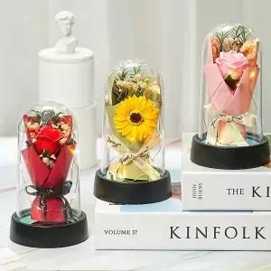 영원한 장미 LED 유리 돔 꽃다발 로맨틱 조명 장식 완벽한 발렌타인 데이 크리스마스 홈 선물