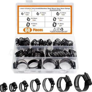 60pcs 스테인레스 스틸 웜 기어 호스 클램프 조정 가능 6-38mm 범위 구색 키트 배관 자동차 기계 도구