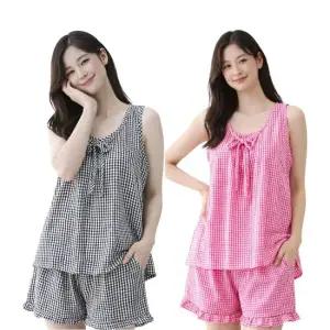[시스넬라]지지미투피스파자마1세트 여성파자마,여름잠옷세트,시어서커,민소매,홈웨어,반바지잠옷