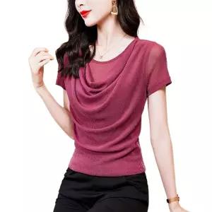 댄스티 반짝이 여름 셔링 반팔 망사 라인댄스복 화려한 상의 티셔츠 여자