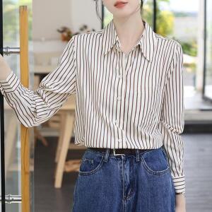 원픽 여성 프렌치 브라운 캐주얼 스트라이프 셔츠 봄 긴팔 면