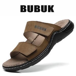 Bubuk 남성용 천연 가죽 슬립온 슬리퍼, 최상층 소가죽으로 제작, 야외 해변 샌들, 가볍고 편안함, 야외 활