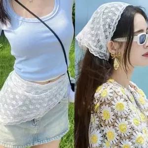패션 플라워 레이스 헤어밴드 여성 레이스 스카프 반다나 헤어-WFO...