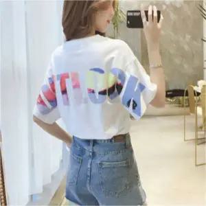 여자 린넨 반팔 티셔츠 루즈핏 여름 홈웨어 백프린팅 맨투맨