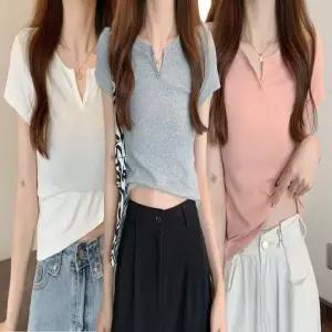 반팔티 여자 크롭 라운드넥 이너 티셔츠 앞트임 브이컷 반팔
