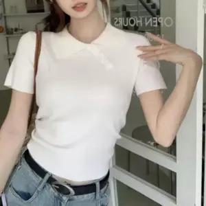 반팔 티셔츠 여성 여름 사선 카라 콩단추 면 데일리 홈웨어