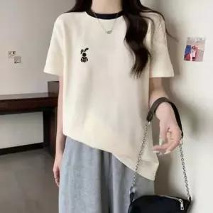 여자 반팔티셔츠 자수 세미크롭 롱티셔츠 박스티 기본 반팔티