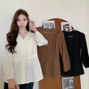여성 블라우스 브이넥 긴팔 슬림핏 허리밴딩 간절기 데일리룩