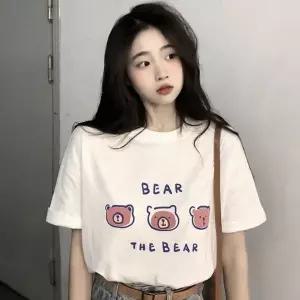 여성 반팔티 브이넥 프린팅 기본 면 티셔츠 흰색 반팔