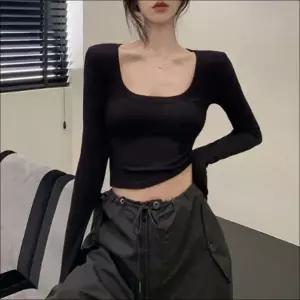 긴팔 티셔츠 U넥 슬림핏 골지 크롭 배꼽티 4종 세트