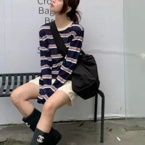 긴팔티 루즈핏 스트라이프 시스루 레이어드 여성 상의