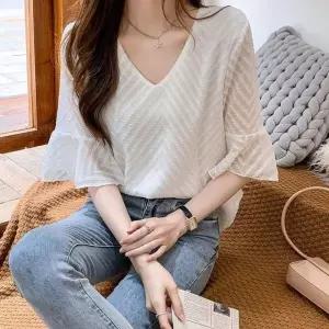 블라우스 여성 반팔 브이넥 셔링 루즈핏 여름 데일리셔츠