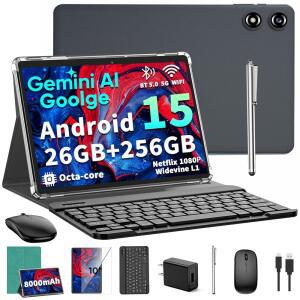 2026 10인치 안드로이드 15 태블릿(키보드 포함) 26GB+256GB 2TB 확장 옥타코어 8000MAH 5G WIFI GPS GMS 와이드바인 L1 2 IN 1 태블릿(케이스 마우스 스타일러스(그린 케이스)