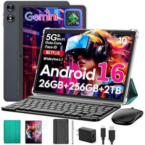 안드로이드 16 태블릿 10인치 키보드가 있는 태블릿 26GB+256GB+2TB 확장 제미니가 전자 PC 8코어 8000MAH 5G WIFI GPS GMS 2 IN 1 케이스 / 마우스 스타일러스(그린 케이스)