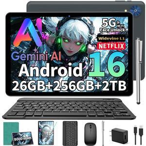 2026년 안드로이드 16 태블릿 키보드 10인치 제미니 AI 26GB+256GB+2TB 확장 8코어 WIFI 8000MAH GMS GPS 전자 PC 마우스 케이스 스타일러스(녹색) 포함 2-IN-1