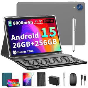 2026년형 안드로이드 15 태블릿 키보드 - 26GB+256GB+2TB 확장 옥타코어 제미니 AI 2.4G/5G 와이파이 8000MAH 와이드바인 L1 듀얼 카메라 케이스 마우스 스타일러스(그린 케이스)가 포함된 10인치 2인치 1개