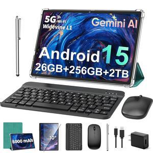 2026 10인치 키보드 태블릿 안드로이드 15 제미니 AI 24GB+256GB+2TB 확장 8코어 WIFI 8000MAH GMS GPS 전자 태블릿 PC 마우스 케이스 스타일러스(녹색) 포함 2-IN-1