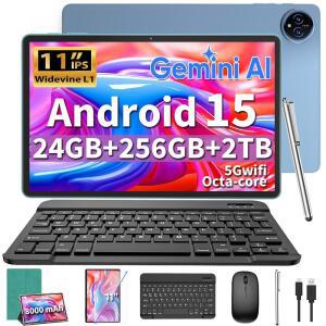 2026 제미니 AI 11인치 태블릿 키보드가 있는 안드로이드 15 24GB+256GB+2TB 확장 8코어 WIFI 8000MAH GMS GPS 전자 태블릿 PC(마우스 케이스 스타일러스(그린) 포함 2-IN-1 대형