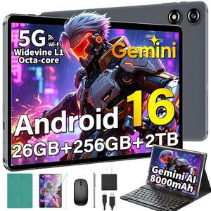 키보드가 있는 안드로이드 태블릿 26GB+256GB+2TB 확장 기능이 16 제미니 AI 8코어가 10인치 5G WIFI 8000MAH GPS ELECTRONIC 2 IN 1 태블릿 PC 케이스 마우스 스타일러스(녹색)