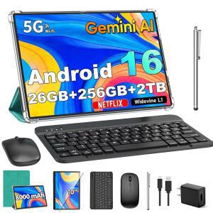 제미니 AI 안드로이드 16 태블릿 키보드 2026 10인치 태블릿 26GB+256GB+2TB 확장 8코어 전자 PC 5G WIFI 8000MAH GPS GMS 2 IN 1 케이스 마우스 스타일러스(녹색) 포함