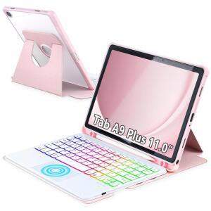 삼성 갤럭시 탭 A9용 MePadKey 터치패드 키보드 케이스 + 11인치 SM-X210 /X215 /X216, 360도 회전 커버와 컬러 백라이트 마그네틱 탈착식 태블릿 A9+용 (핑크+화이트)