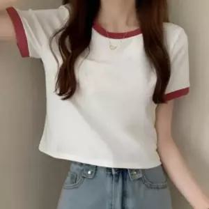 크롭티 반팔 티셔츠 여성 여름 배색 무지 캐주얼