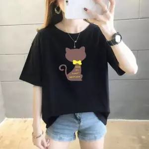 반팔 티셔츠 여성 고양이 프린팅 루즈핏 라운드넥