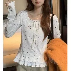 긴팔 티셔츠 여성 크롭 블라우스 도트 리본 패턴