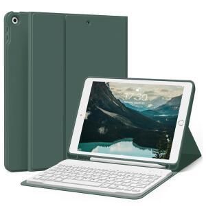 IPAD 9세대/8세대/7세대 10.2인치 2021/2020/2019용 켄케 키보드 케이스 소프트 TPU 백 스탠드 커버 스마트 펜슬 홀더 자석식 탈착식 무선 블루투스 키보드 다크 그린 MXW