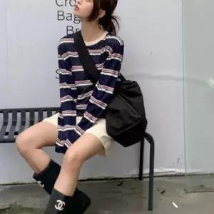 긴팔티 루즈핏 스트라이프 시스루 레이어드 여성 상의