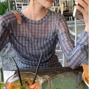 긴팔 티셔츠 여자 체크 크롭 상의 스판 셔링 Y2K
